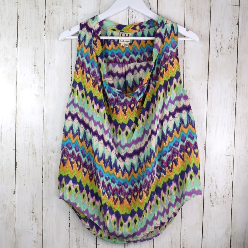 Haute Hippie Silk Sleeveless Scoop Neck Colorful Chevron Blouse 100% Silk Medium